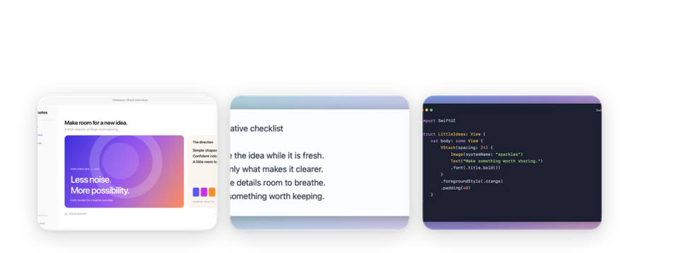 Three SSScreen preview cards expanded side by side: a design, a note and Swift code