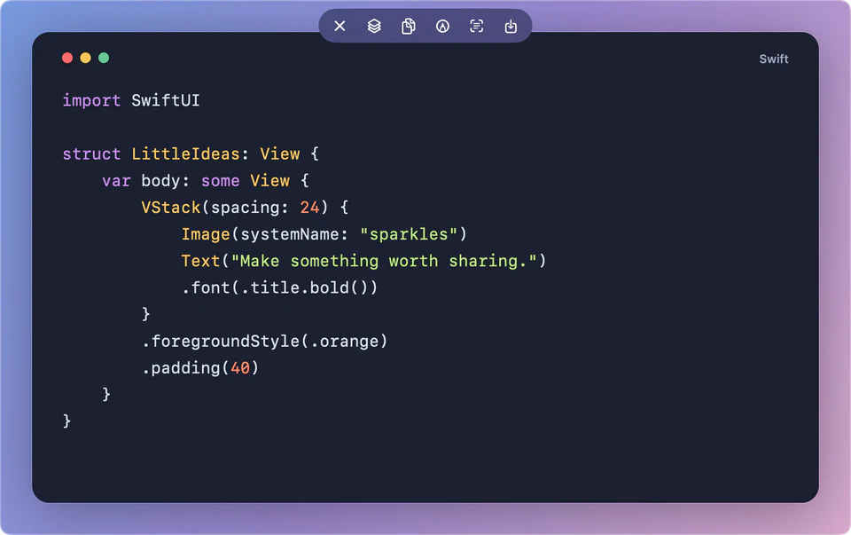 A Swift code image in a SSScreen Pin, with the text recognition button in the top toolbar